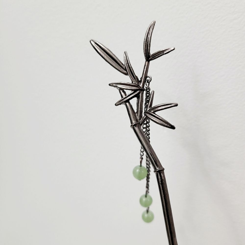 Brand New Titanium Black Bamboo With Green Jade Hair Pin - Picture 6 of 7